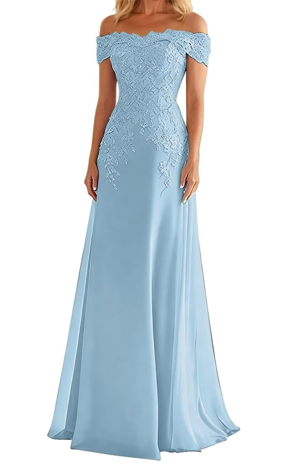WSEYU Off Shoulder Mother of The Bride Groom Dresses Lace Applique Satin Formal Evening Grandmother Gowns ZMKI420 Coral UK10