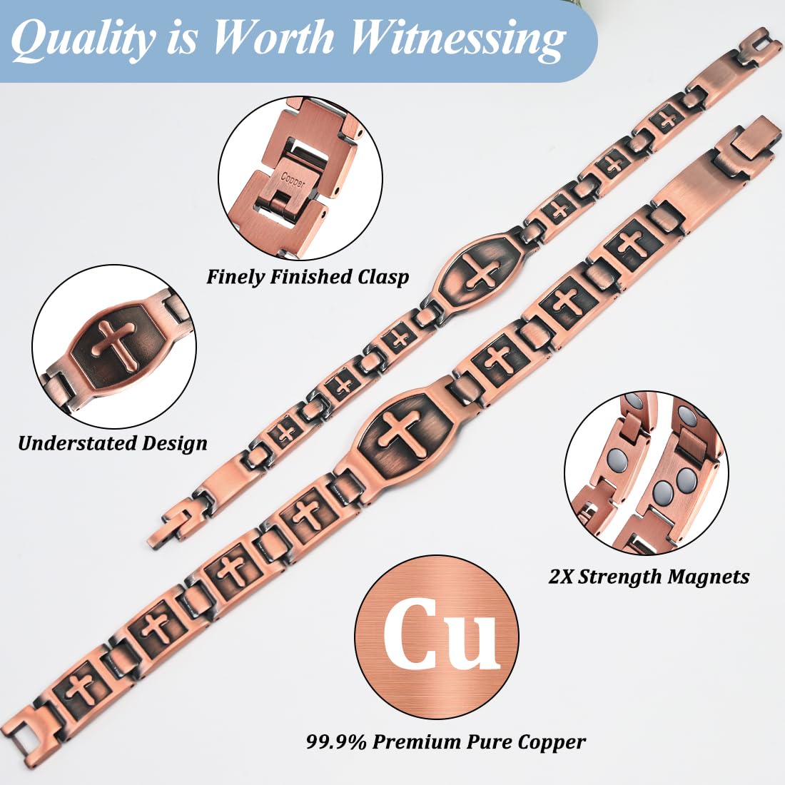Vicmag Bracelet magnétique ultra résistant en cuivre pur 99,9 % pour homme - Outil de réglage de la taille, One Size, Métal, Pas de pierre précieuse