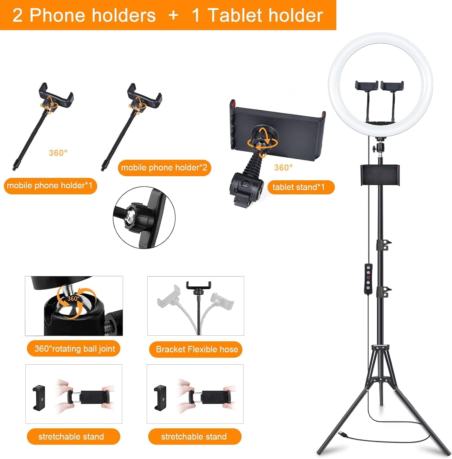 13" RGB Selfie Ring Light with Stand 76" Tall & 2 Phone Holders, Tablet Holder, Sunset Lamp & 51 Color Modes, Desk Tripod, 12 Dimming Levels Halo Light, LED Camera Ringlight for iPhone/TikTok/YouTube