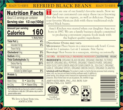Image of Amy's Refried Black Beans, Gluten Free, Organic & Vegetarian, Canned, 15.4 Ounce (Pack of 12)