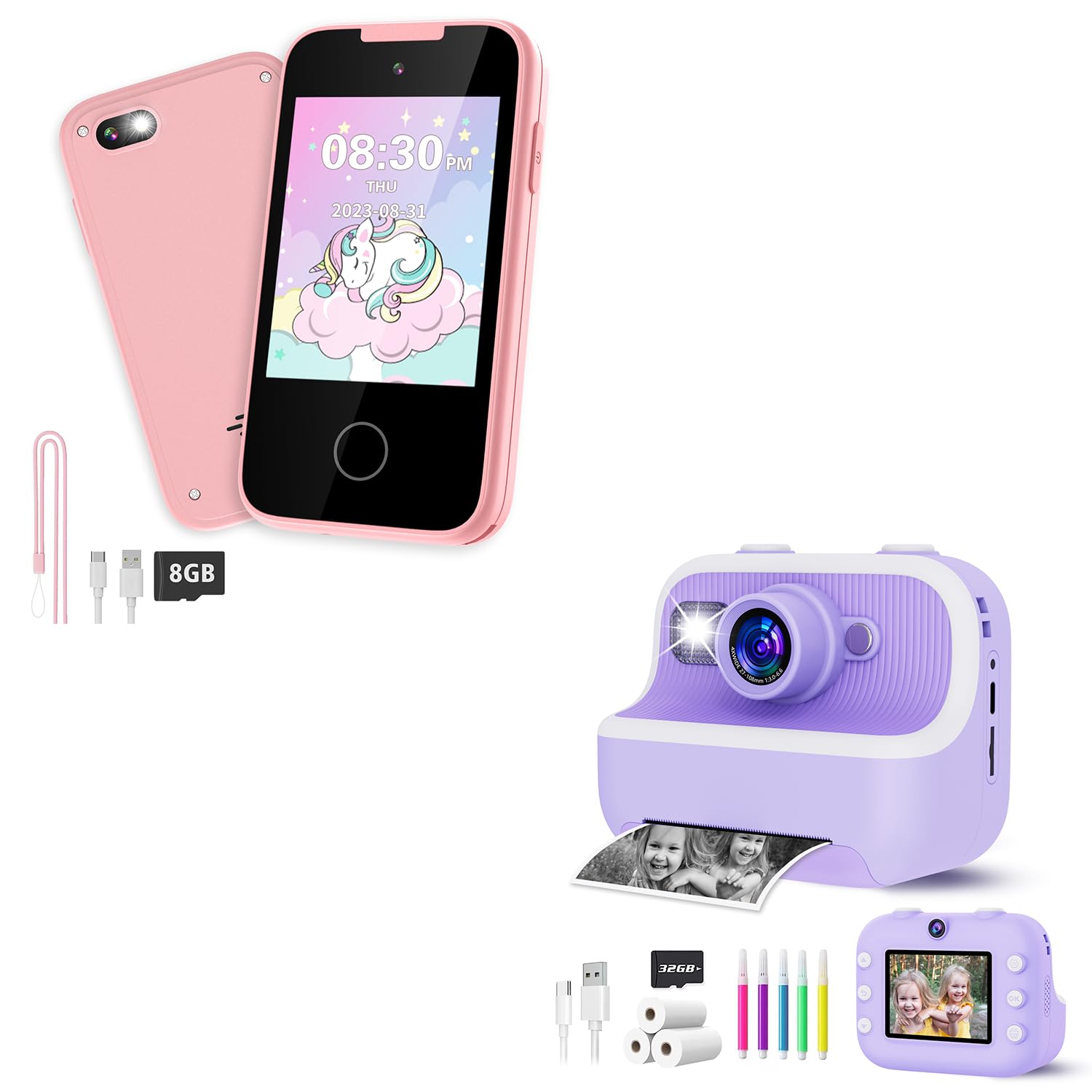 Purple Instant Print Camera for Kids and Kids Phone for Girls Aged 3-6 with Dual Camera Christmas Birthday Gifts for Girls Boys