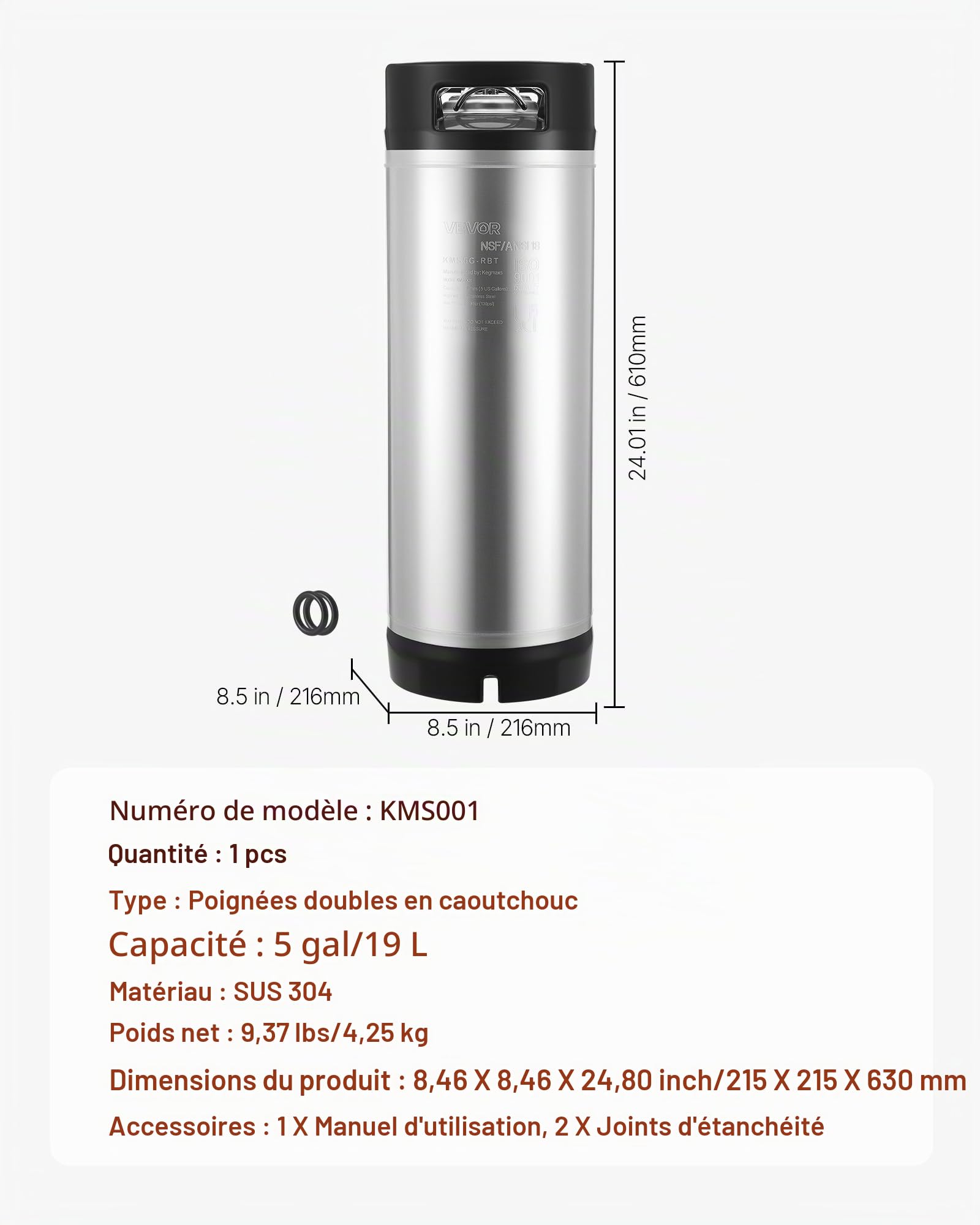 VEVOR Fût Bière Pression 19 L, Soda Keg à Verrouillage à Bille, Fût sous Pression en INOX SUS304 pour Brassage à Froid, avec Doubles Poignées et Fond en Caoutchouc, Équipement de Brassage Maison