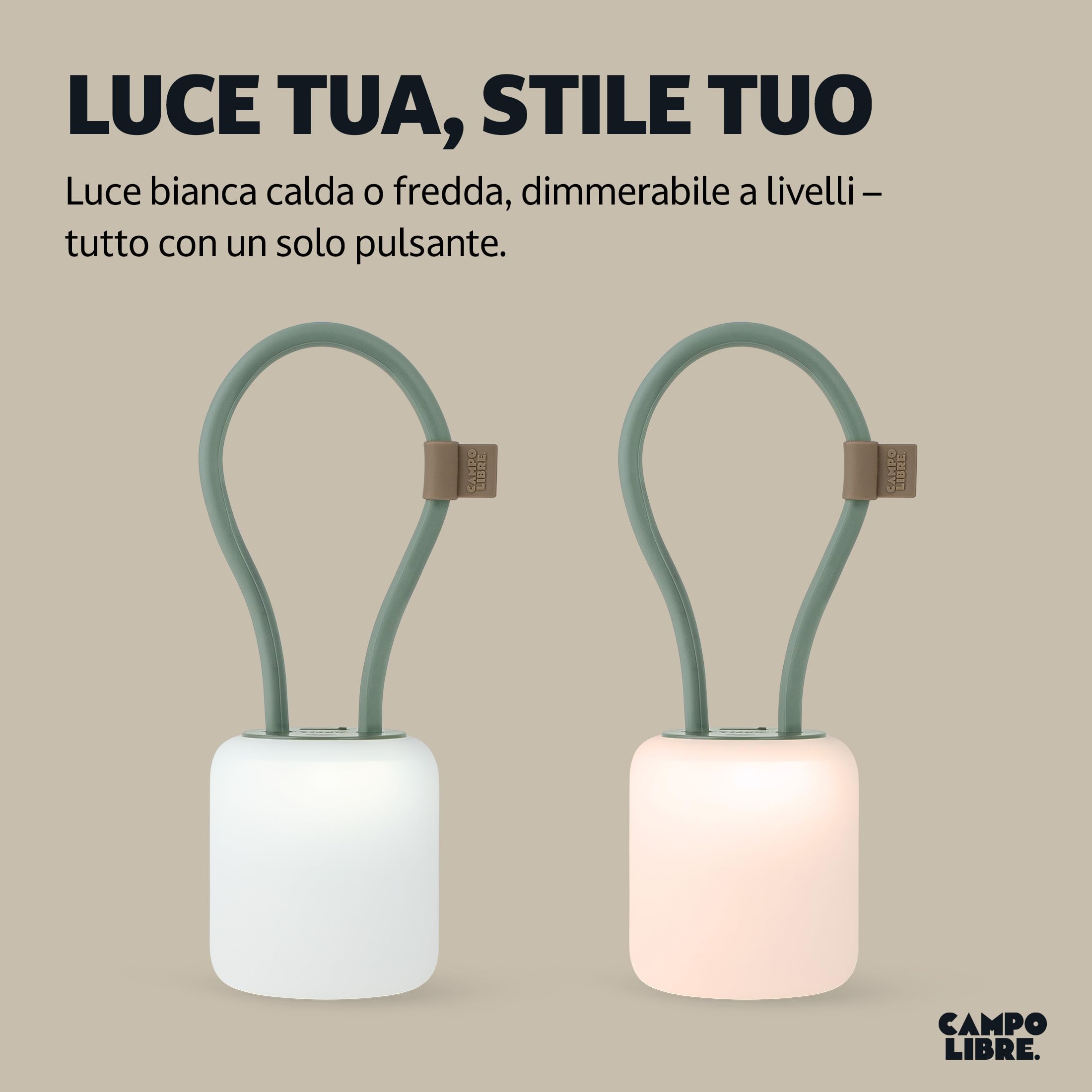 Campo Libre.® LENI Lampada da Campeggio – Luce da Esterno con Manico Flessibile, Lampada da Esterno Dimmerabile, Lanterna IPX4, 200 h di Autonomia, SqueezeShell Infrangibile, USB-C. Rettangolo, Verde