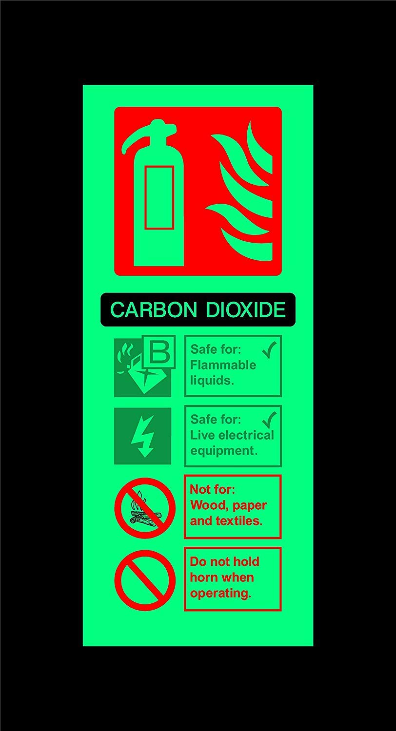 Carbon dioxide fire extinguisher safety sign - 200mm x 80mm 1.2mm Photoluminescent rigid plastic with self adhesive backing