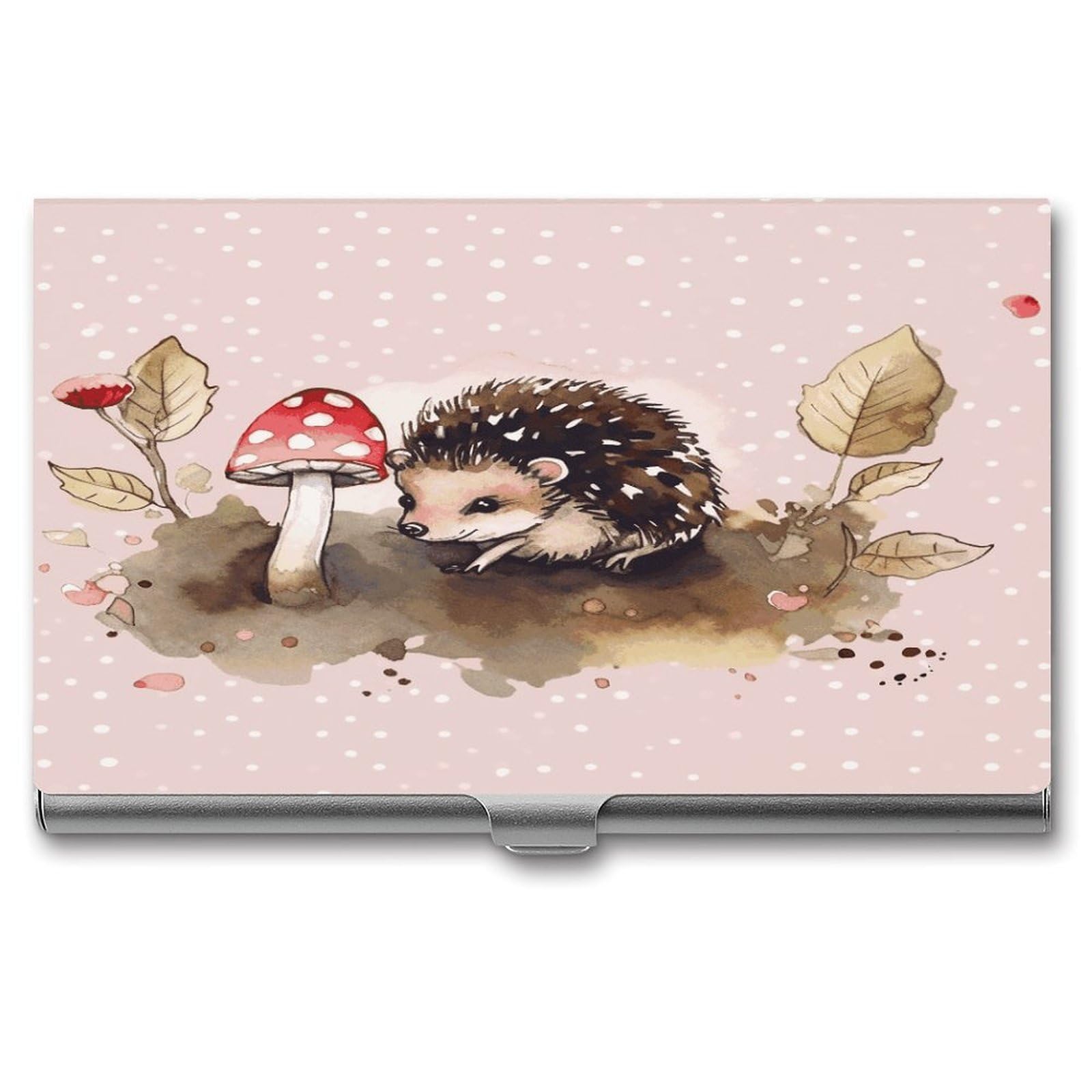 JTREHY Hedgehog Watercolor Painting Business Card Holder Slim Purse Name Card Holder Portable Metal Business Card Case Wallet Large Capacity Lightweight Business Card Case for Men Women