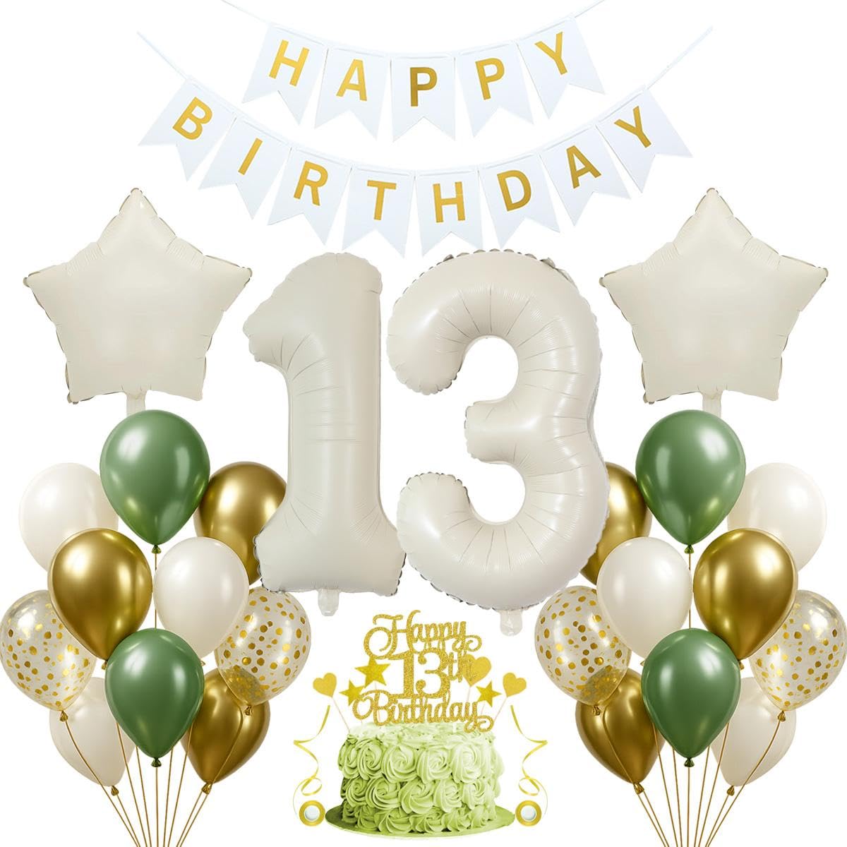 Jxuzh 13th Birthday Decoration Sage Green for Girls and Boys - Beige White Balloons - Cake Decoration for 13 Years