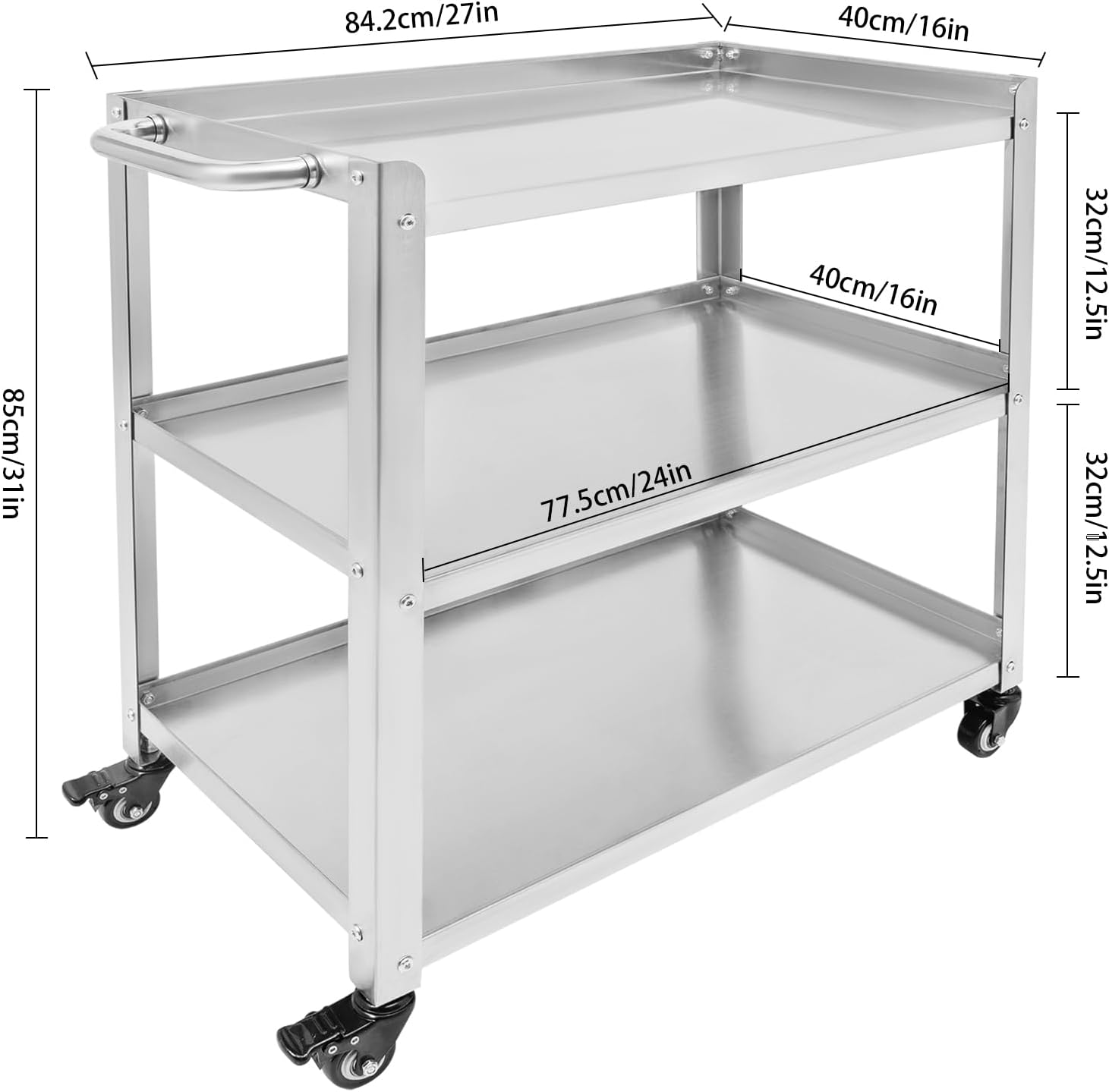 Kitchen Cart, Snack Cart, Rolling Cart, 3-Tier Kitchen Carts on Wheels with Storage, 250lbs Load Capacity, Stainless Steel Utility Trolley for Kitchen, Restaurant, Club, Salon, Bar