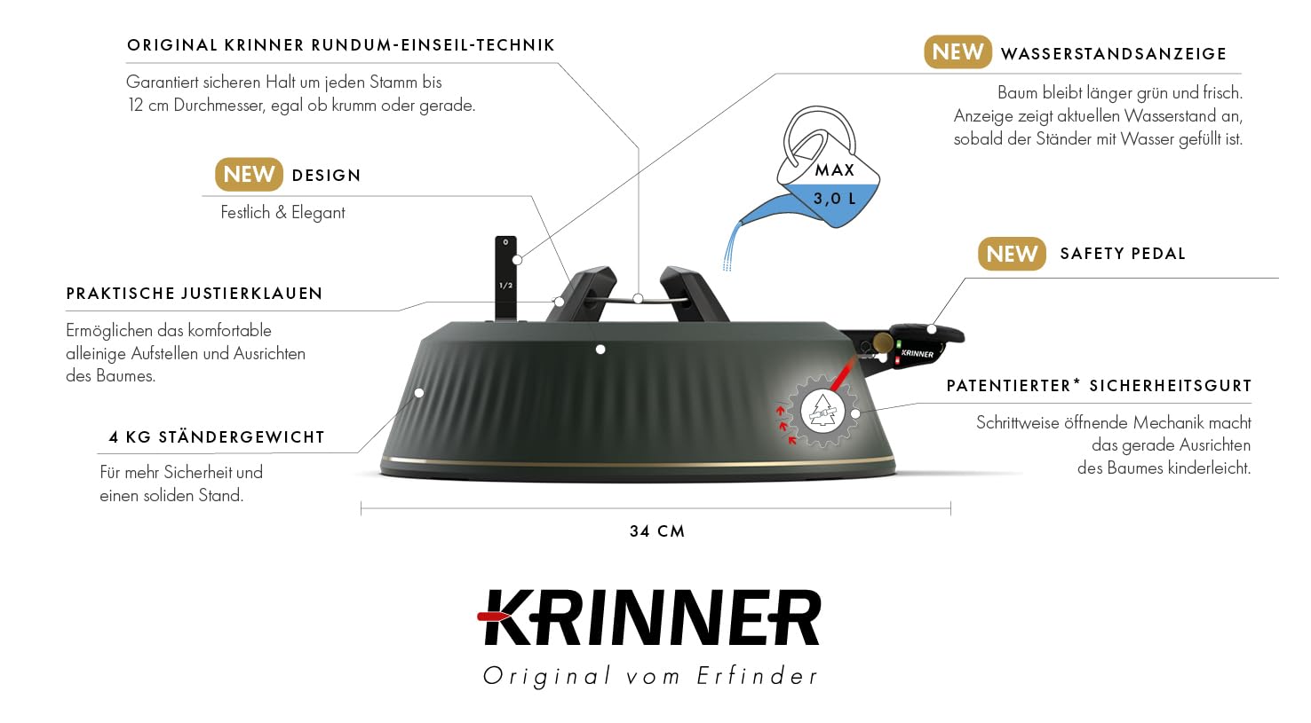 KRINNER® X-Series Christbaumständer X-240 Weihnachtsbaumständer NEU inkl. Fußpedal und 3,0 Liter Wassertank für Baumhöhe bis 2,4m Made IN Germany 94315