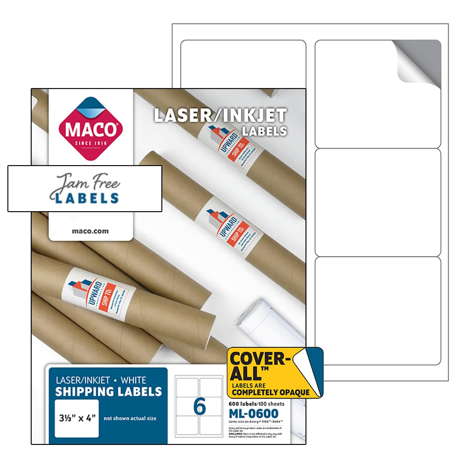 Laser/Ink Jet White Cover-All Shipping Labels, 3-1/3" x 4", 6 per Sheet, 600 per Box (ML-0600)