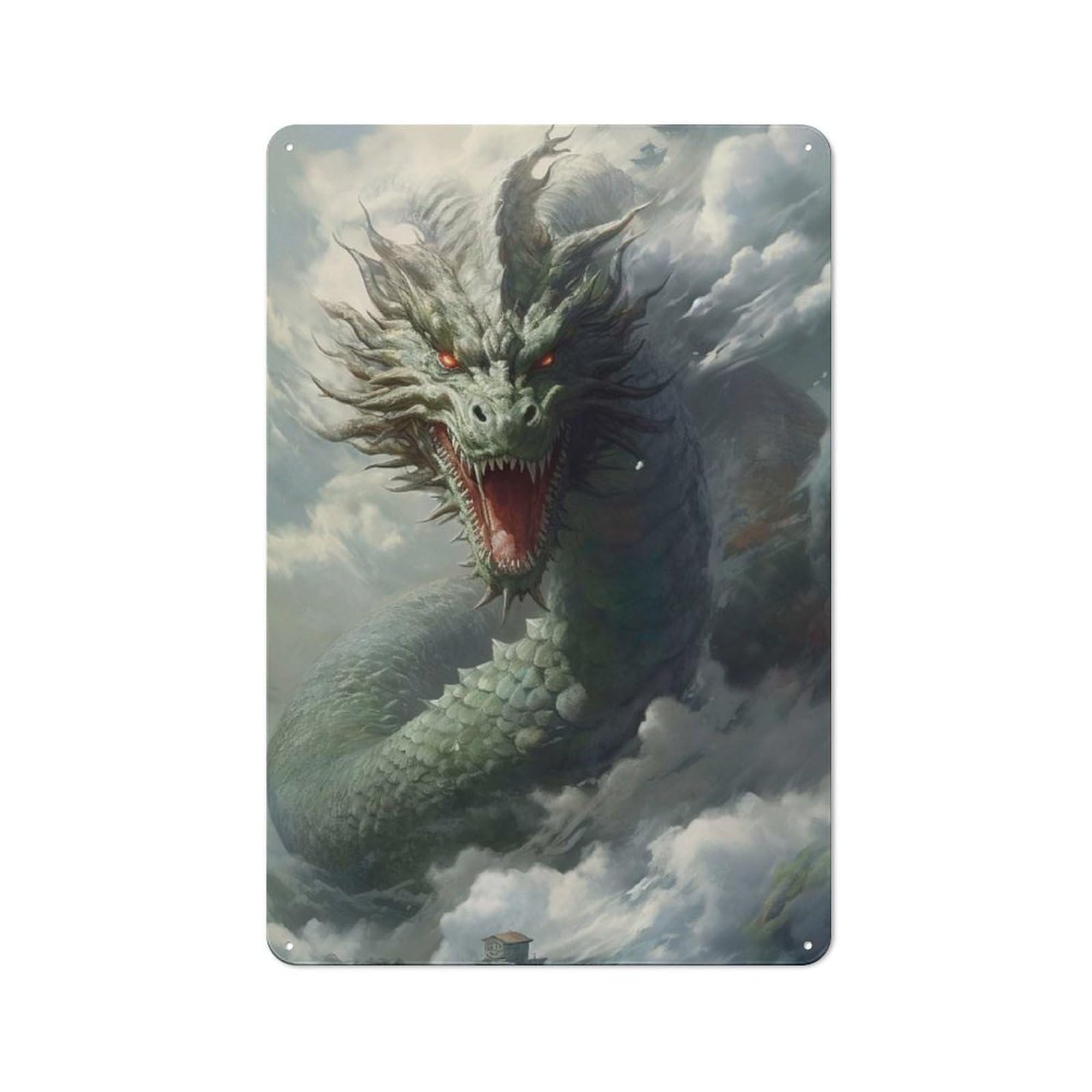 Junmoney Japanese Dragon In Ocean Tin Wall Sign 30X20cm, Character Room Wall Plaque For Bedroom, Kitchen, Office Or Living Room