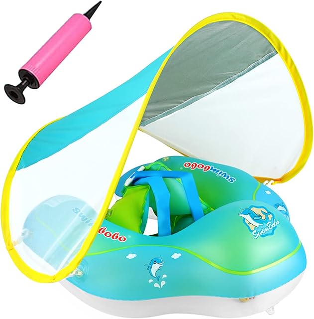 SHENGMEI Baby Swimming Float with Canopy, Baby Swim Float for Age of 3-36 Months, Inflatable Baby Swimming Ring Inflatable Pool Float with Pump & Repair Subsidy