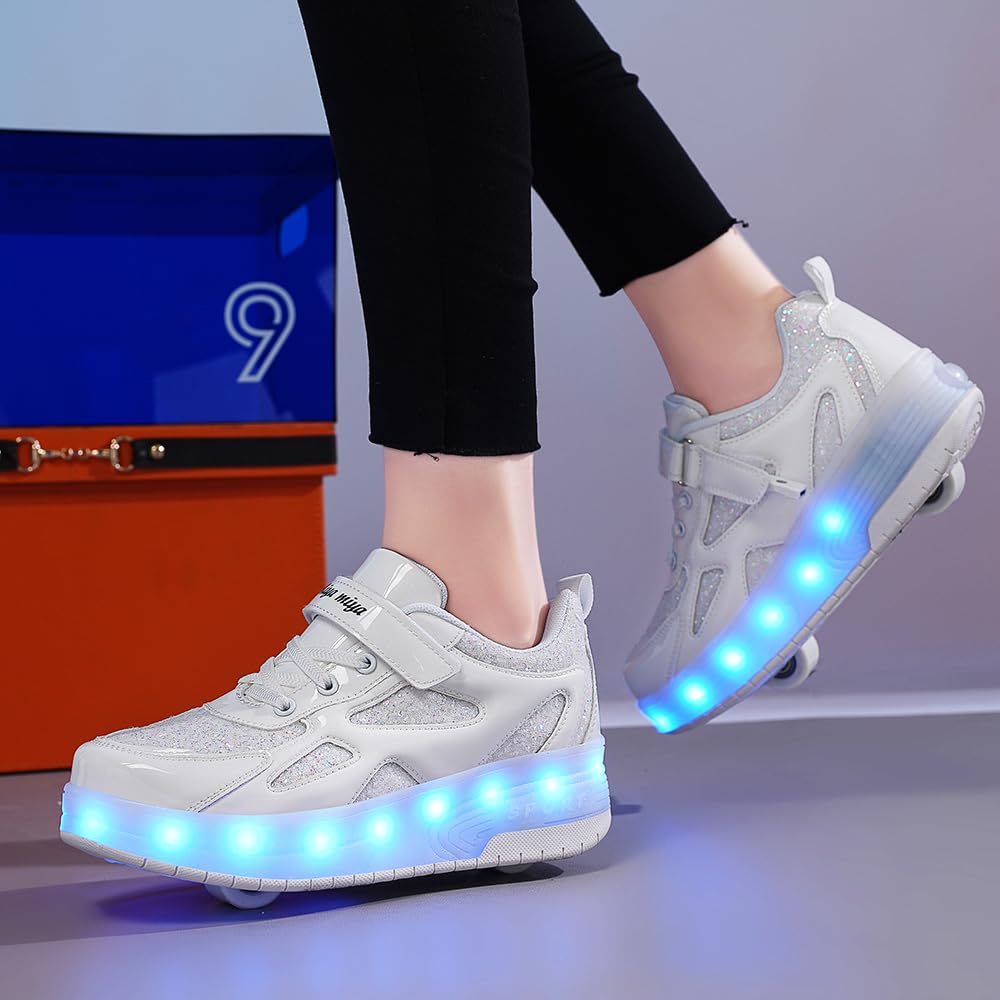 LED Chaussures à roulettes de Skateboard USB Rechargeable 7 Couleurs Clignotantes Chaussure avec Rouleau Multisports Outdoor Gymnastique Sneaker Automatiques Rétractables Enfant Baskets Mode