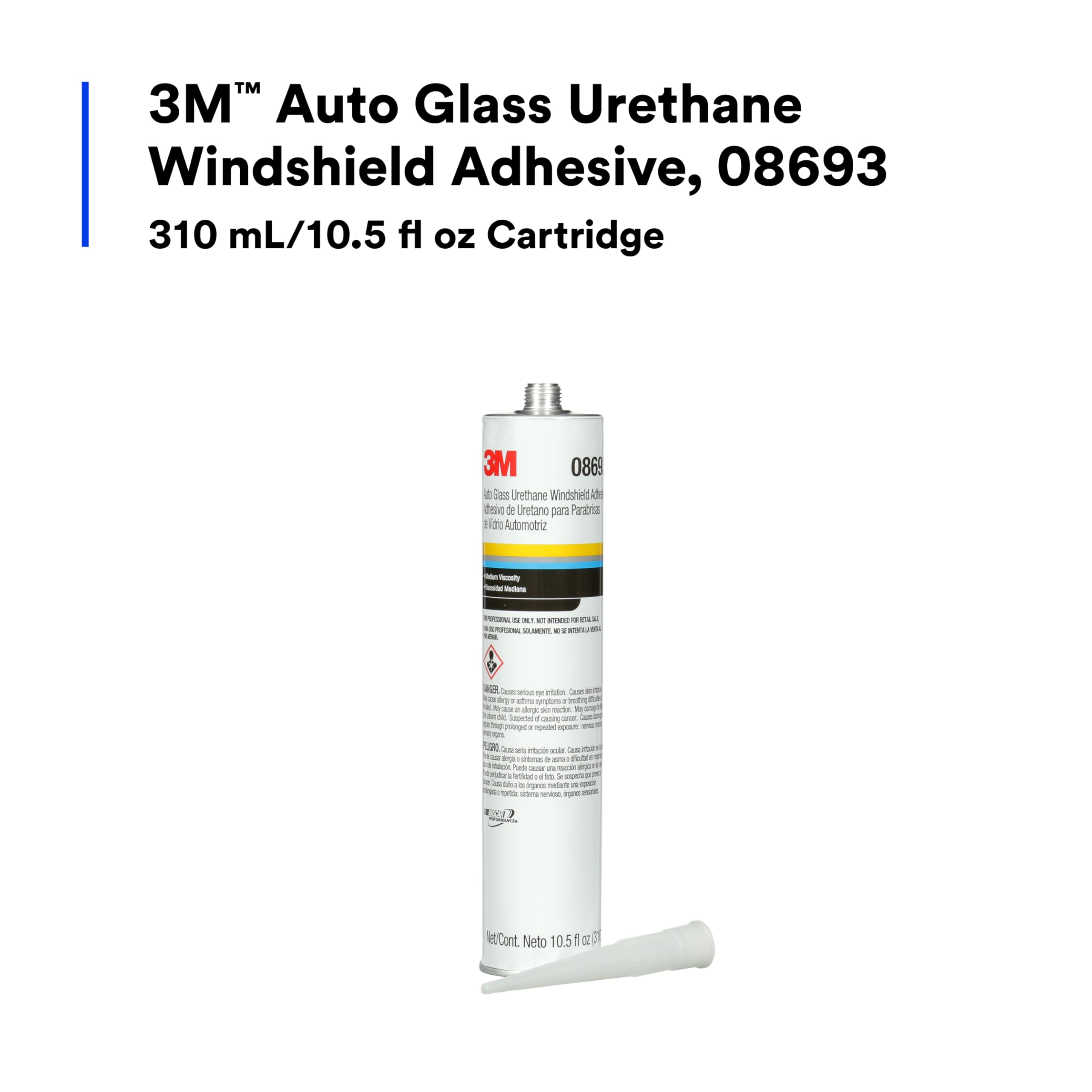 3M Auto Glass Urethane Windshield Adhesive, 08693, Medium Viscosity, High-Strength, Fast-Curing, 310 mL/10.5 fl oz Cartridge , Black
