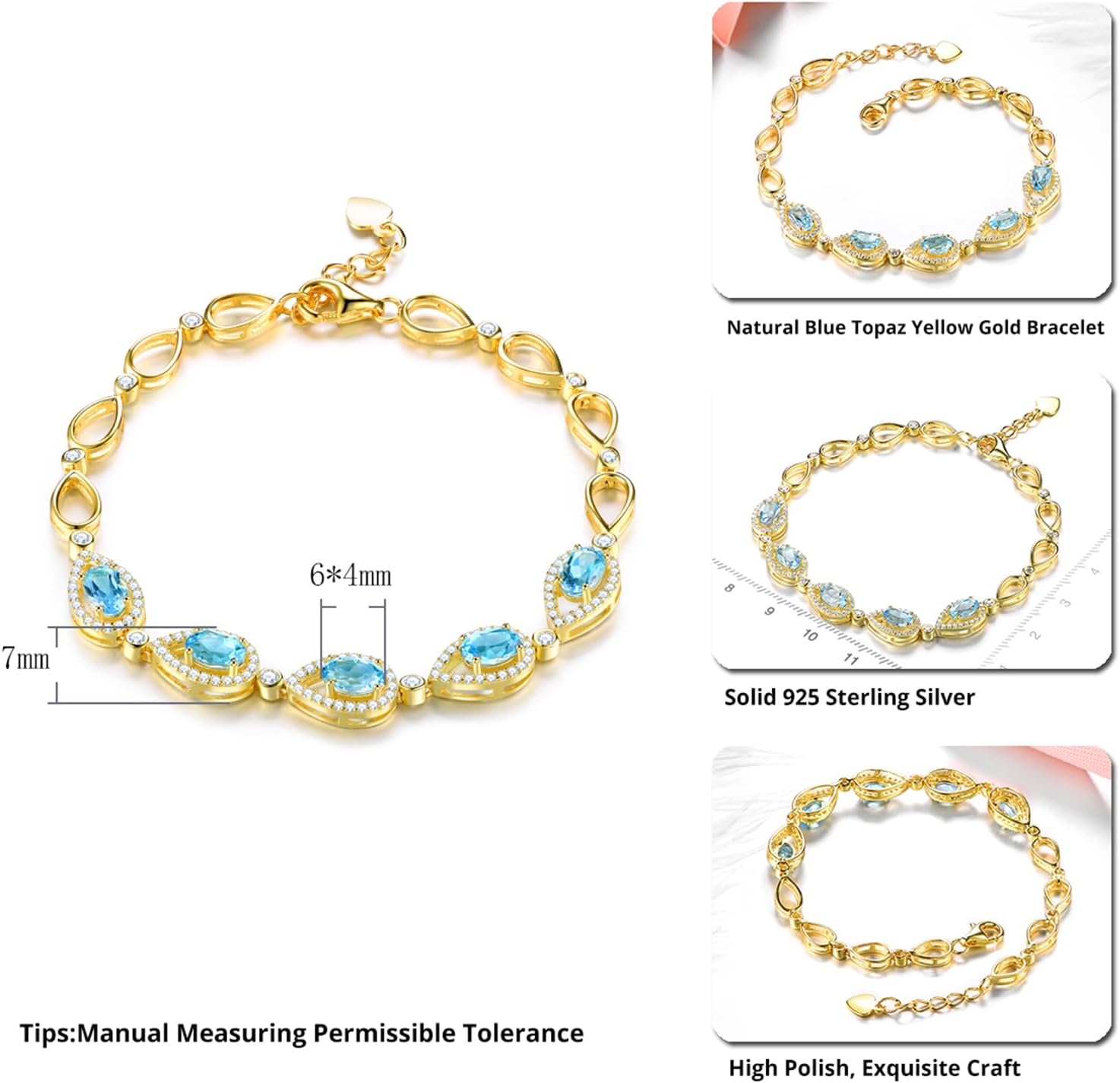 Gemstone Bracelets for Women Solid 925 Sterling Silver Setting Natural Birthstone Adjustable Link Bracelet Cubic Zirconia 18K Gold Rhodium Plated Fine Jewelry for Her - Image 3