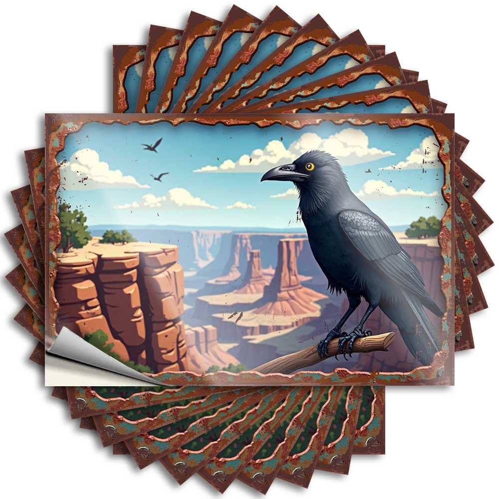 Raven Perched On A Branch Overlooking A Canyon Landscape Tattoos Large Self Adhesive | Half Hard Vinyl Sticker Pack for Inside(6X9CM)