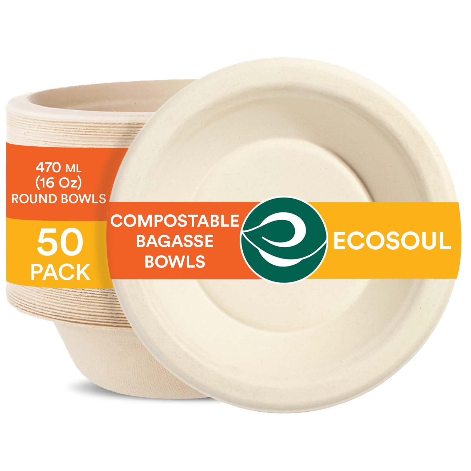 ECO SOUL100% Compostable 470ml(16oz) Soup Bowls [50-Pack] Disposable Sturdy Bowls I Heavy Duty Paper Bowl I Eco-Friendly Salad Bowl I Biodegradable Small Bowls