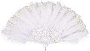 MWOOT 1920s Feather Fan, Vintage Style Folding Hand Fan, 1920s Handheld Feather Fan, Embroidered Flower Feathered Fan for Halloween Dancing Tea Party Wedding Costume – White