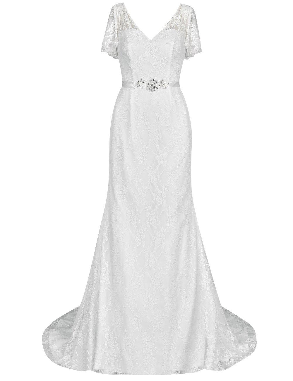 Col en v Glisser Robe de Soirée Dentelle avec Train Partie Robe, Blanc, 40