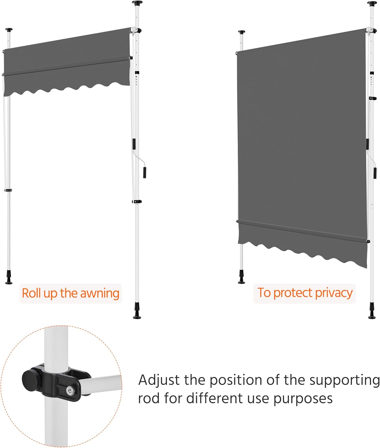 Awning in rolled-up and vertical privacy screen positions