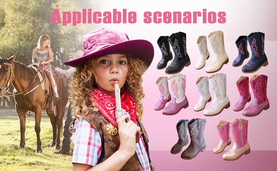Toddler Cowboy Boots 𝐂owgirl Boots with Low Heel Western Embroidered Mid Calf Shoes Side Zipper Fashion Riding Shoes Long Boots for Toddler/Little Kid/Big Kid/Boys/Girls3