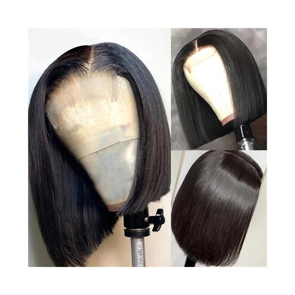 Haaraufsätze Peluca de Cabello Humano Corto 10 a 16 Pulgadas con Encaje Frontal, Corte Bob Liso, 4x4(14inches)