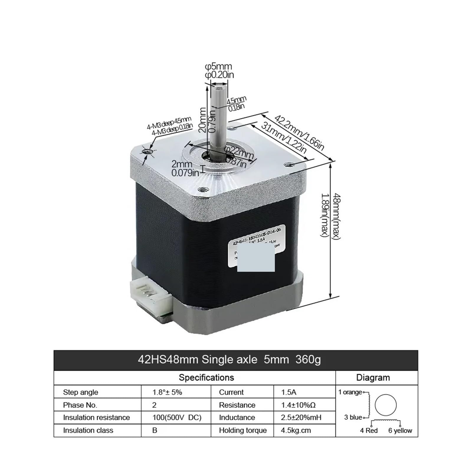 Motor paso a paso Nema17 42hs48 17hs48 4,5 kg.cm 1.5a 48mm 42 Motor 4 conductores 2 fases 0,55Nm Motor paso a paso