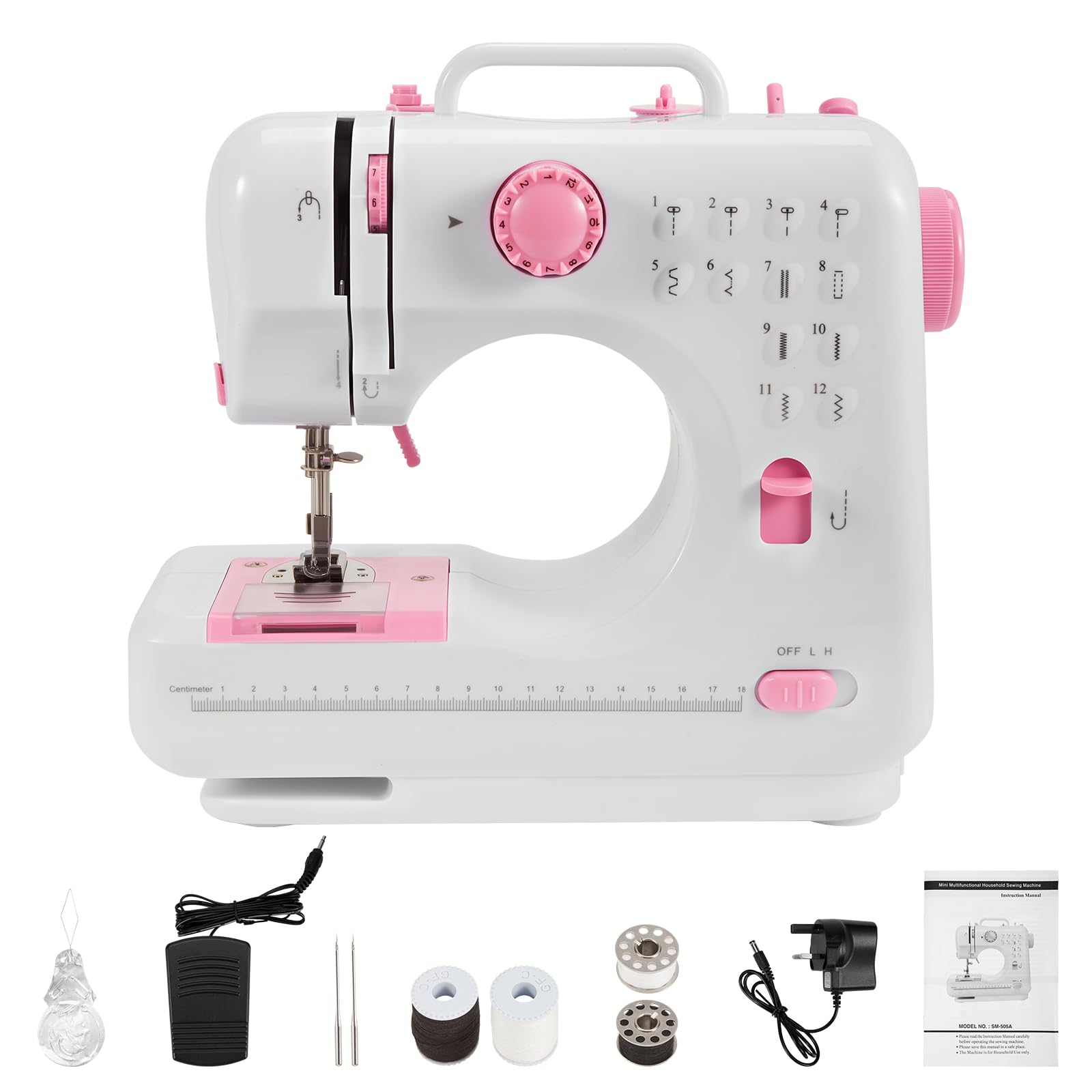LN COZY CORNER Sewing Machine for Beginners with UK Plug – 12 Built-in Stitches, Foot Pedal & Hand Control, Battery Power Option, LED Light & Easy Thread Cutter (Pink, L)