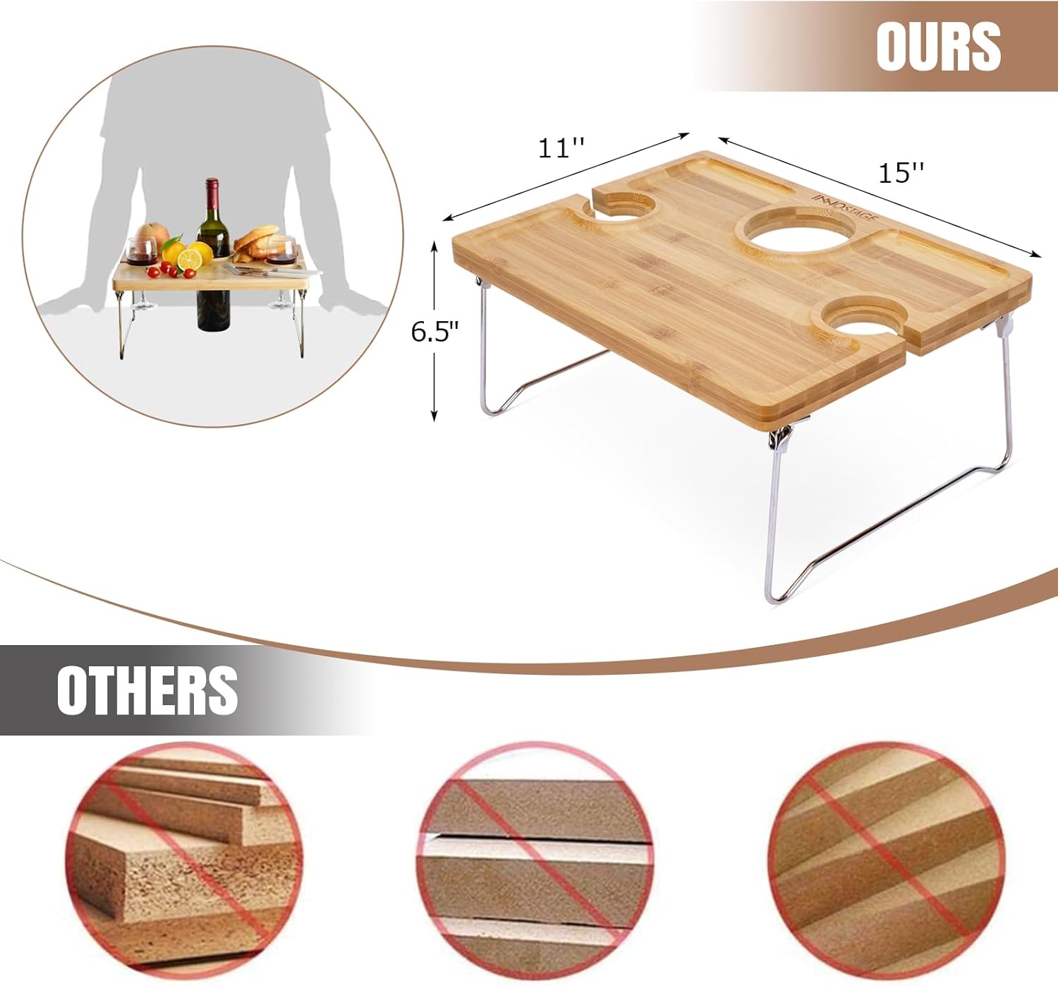 INNO STAGE Picnic Wine Table, Folding Portable Bamboo Glass