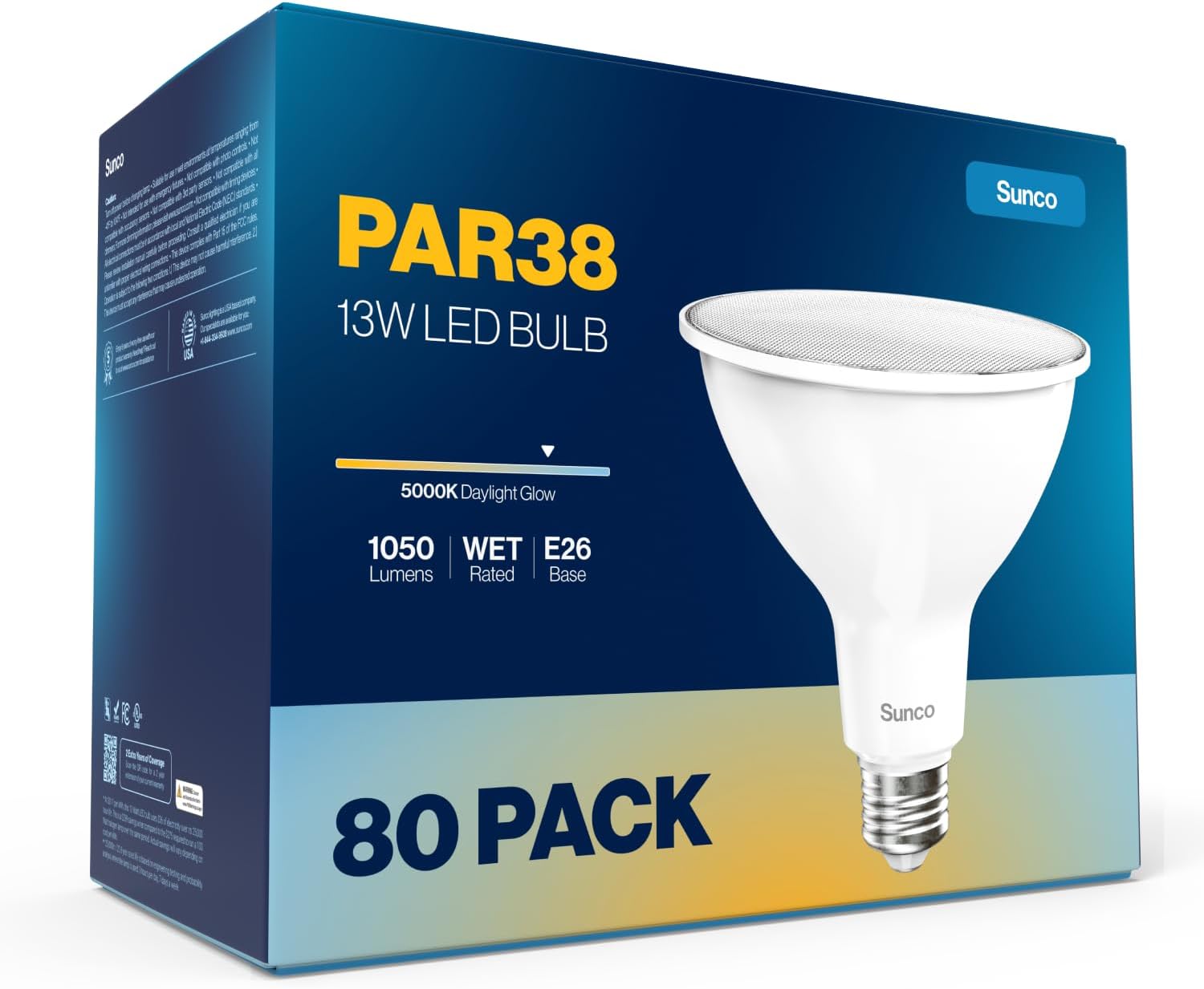 Sunco 50 Pack Outdoor LED Flood Home Patio Driveway Light, Waterproof PAR38 LED Bulb, CRI90, 5000K Daylight,1050 Lumens, 100W Equivalent 13W, Dimmable, Wet-Rated, E26 Base UL