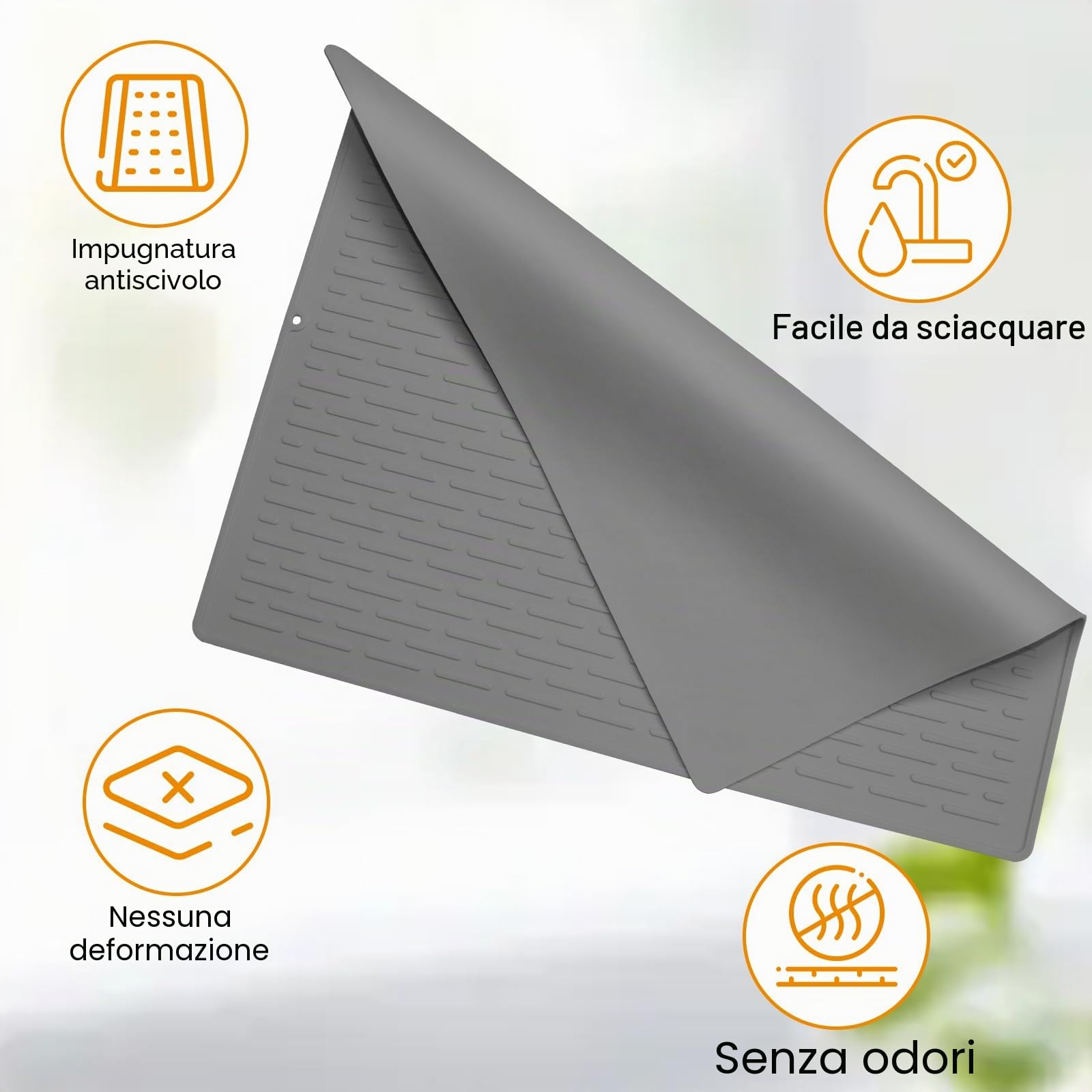 BLESWIN Tappetino Scolapiatti Extra Large in Silicone, 50 X 70 cm, Antiscivolo, Resistente al Calore E Facile da Pulire, Adatto per Piani di Lavoro, Lavelli E Frigoriferi (Grigio)