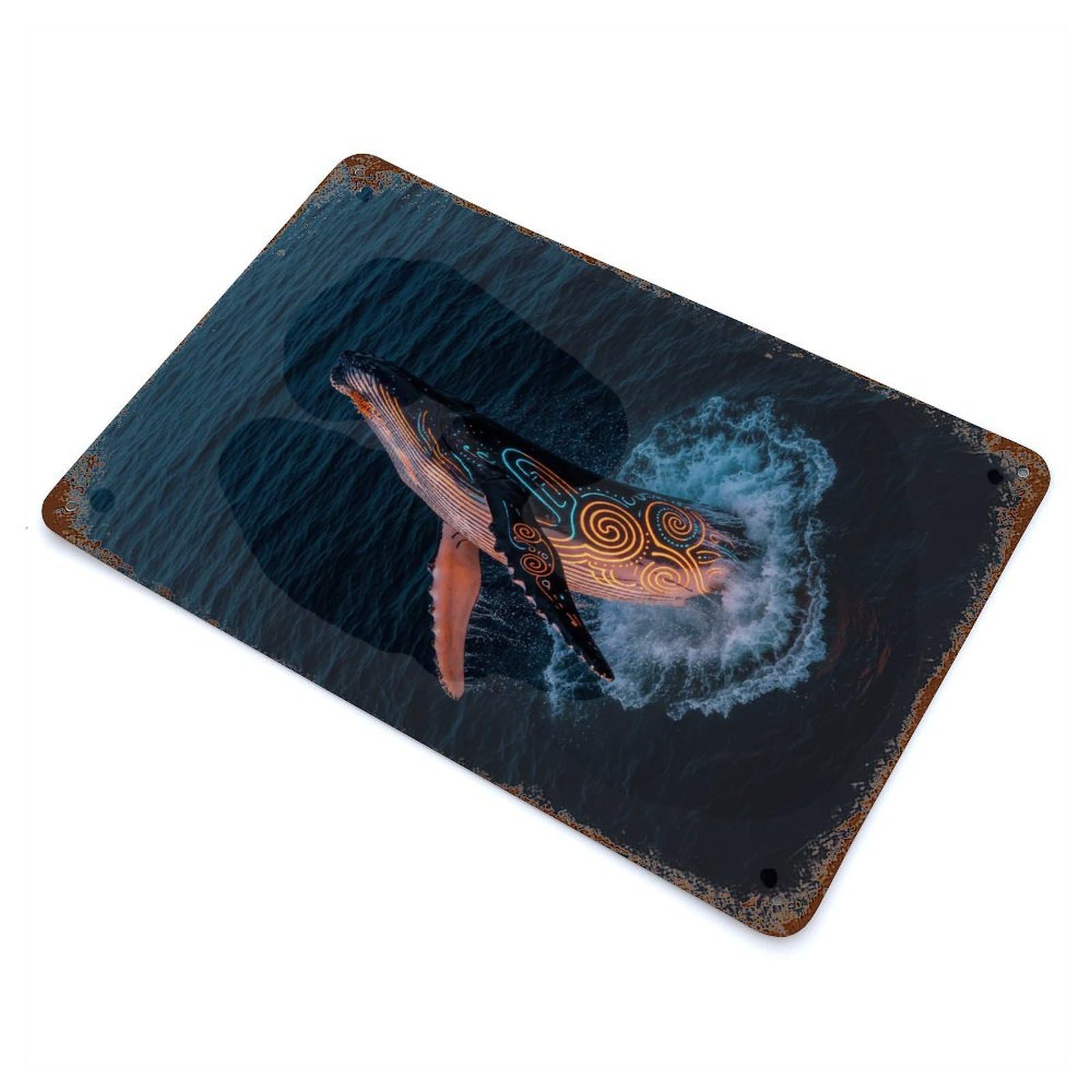 Glowing Whale Breaching Dark Ocean Rusty Metal Tin Sign 11.8"x7.9", for Patio, Garden Room And Bar Decor, Old School Wall Decor