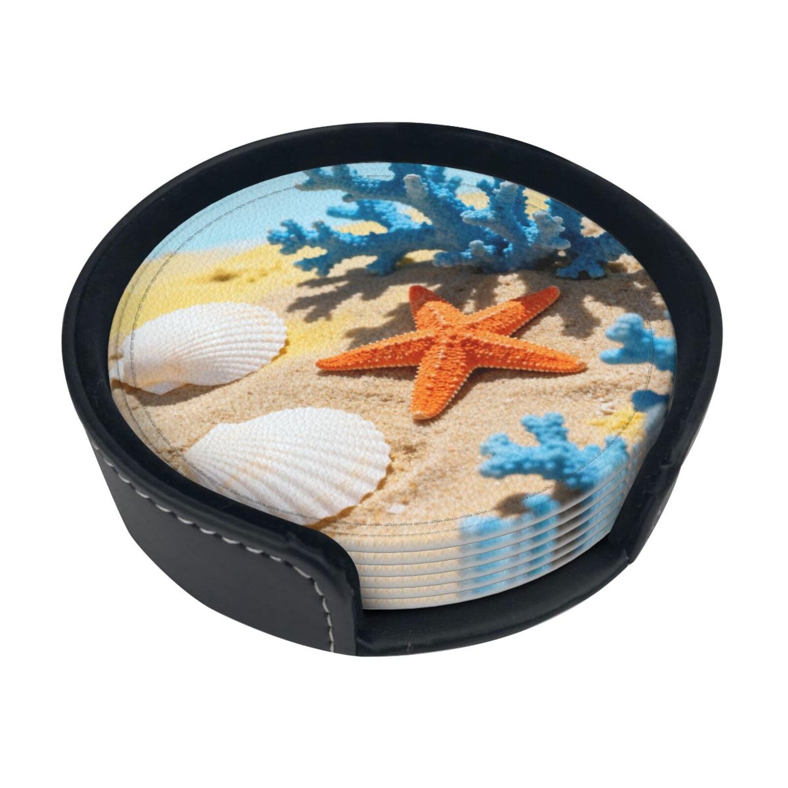 Cntdbu White Starfish Coral Leather Coasters Set Of 6-Pu Leather Drink Mats For Table, Heat Resistant Round Coasters With Holder
