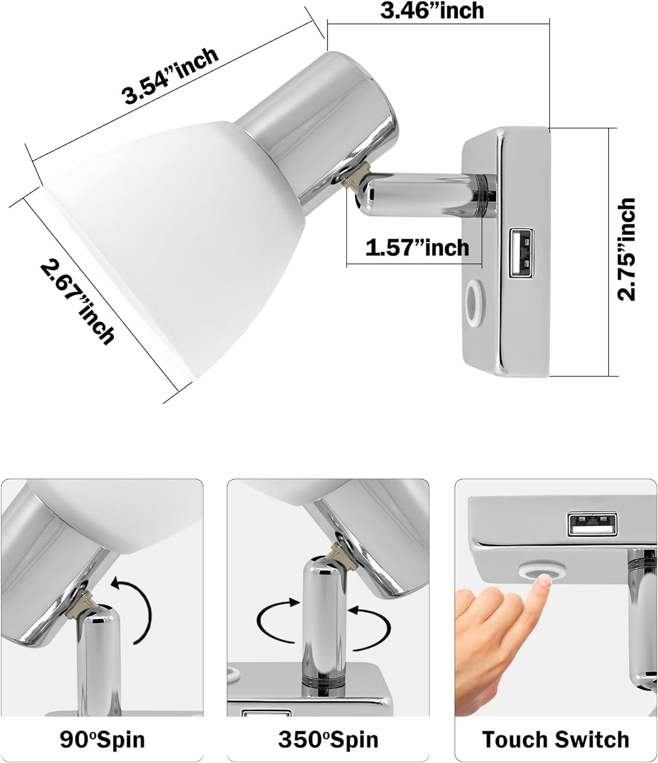 Paquete de 2 luces de lectura para RV con puerto USB, interruptor táctil regulable, luces interiores de RV pantalla de vidrio esmerilado para barco, yate, caravana (cromo)
