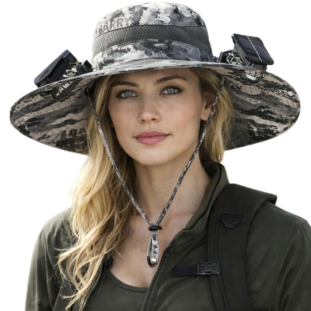 Cappello Ventilatore Alimentato da energia Solare, Cappello Solare Ampio con 2 ventilatori Regolabili Rimovibili, Cappello di Raffreddamento Ricaricabile UPF 50 + Rimovibile e USB per la Pesca