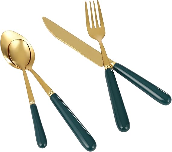 Stainless Steel Flatware Set, 24 Piece Cutlery Set with Holder, Service for 6, Spoons Forks Knives Set, Hanging Set for Restauroom Wedding Birthday Parties (Gold+ Dark Green)