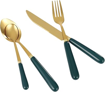 Stainless Steel Flatware Set, 24 Piece Cutlery Set with Holder, Service for 6, Spoons Forks Knives Set, Hanging Set for Restauroom Wedding Birthday Parties (Gold+ Dark Green)