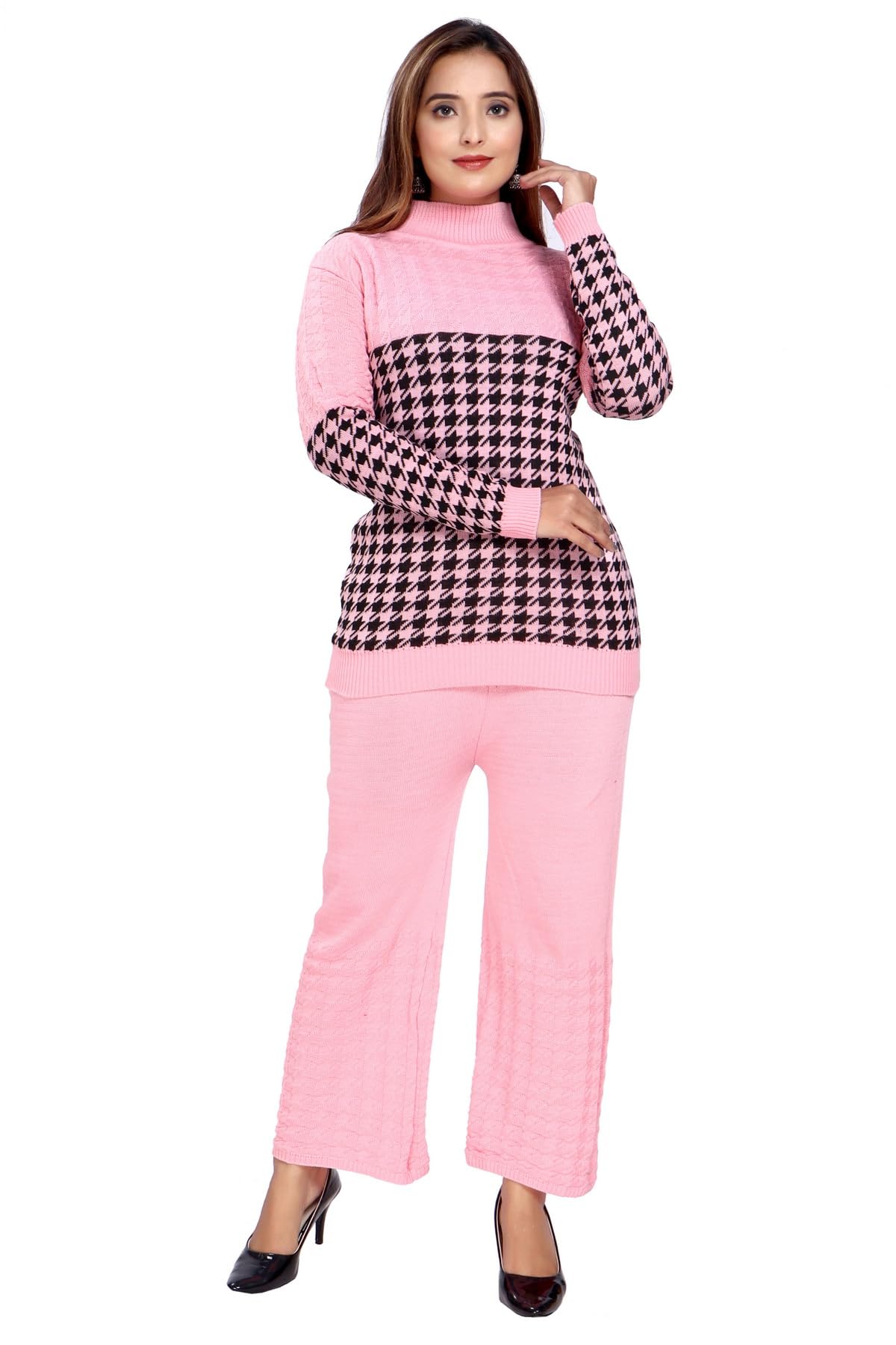 CHECK CORDSET Women's Wool Blend Knitted Winter Coord Set with Self Design | Two-Piece Warm Outfit for Stylish and Comfortable Wear- Light Pink - Free Size-image-34