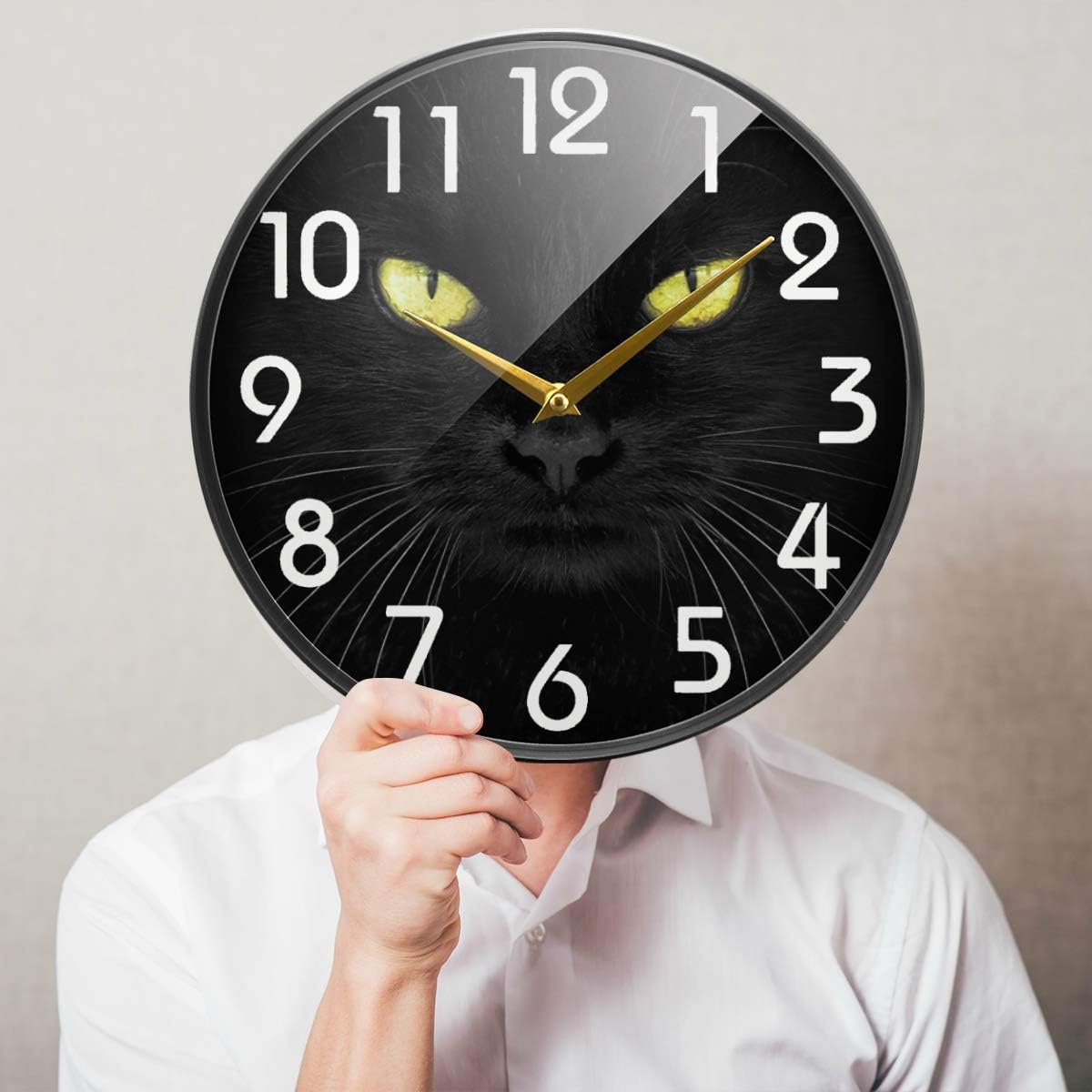 Naanle Black Cat Looking Camera Round Wall Clock, 9.5 Inch Silent Battery Operated Quartz Analog Quiet Desk Clock for Home,Office,School