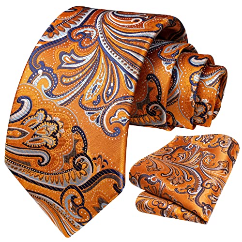 Hisdern Orange Ties For Men Paisley Mens Tie Pocket Square Woven Classic Floral Tie Handkerchief Set Tuxedo Wedding Formal Necktie Burnt Orange #TOP1