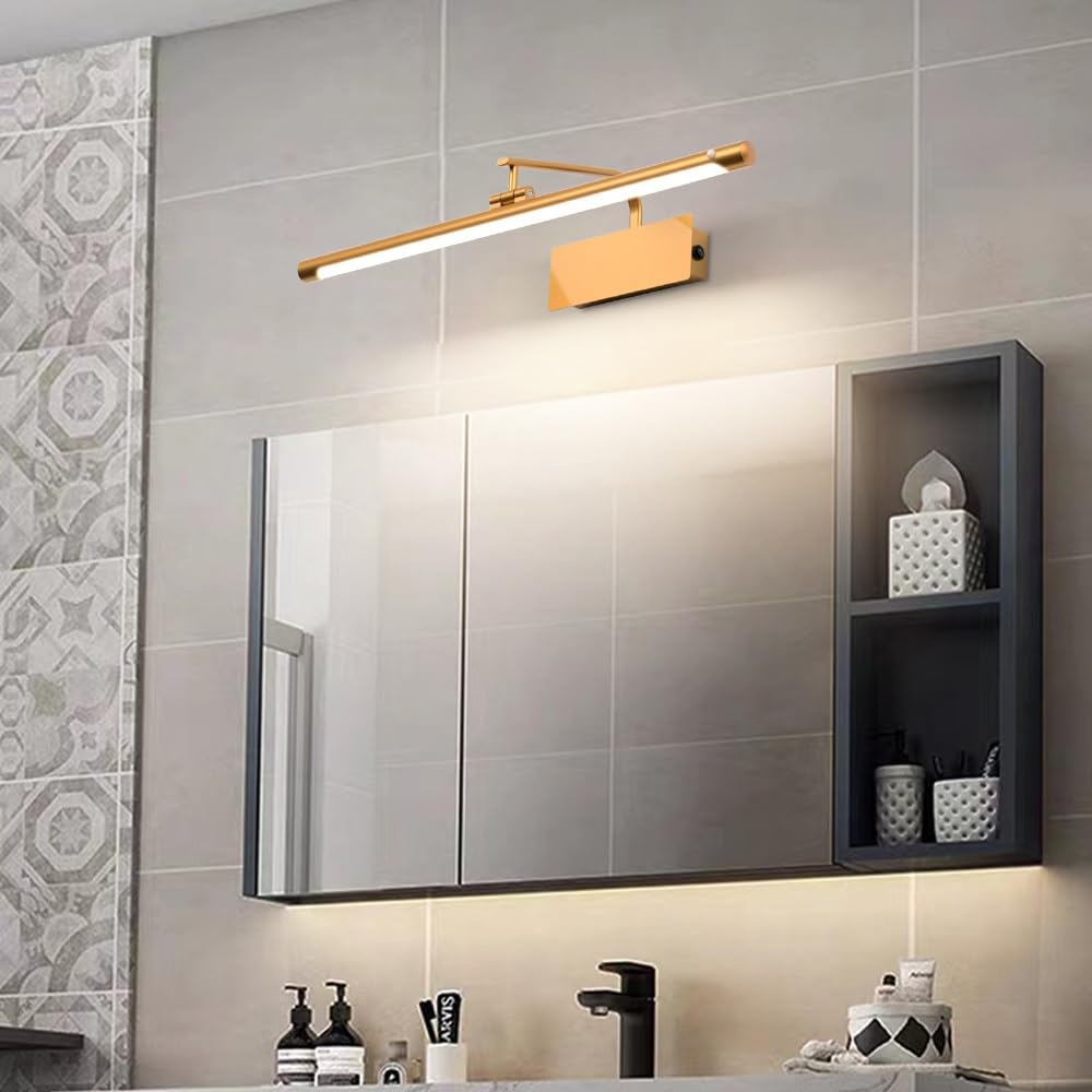 Lámparas de baño impermeables IP44, 3 luces, sensor de movimiento, luz de tocador, tira larga, iluminación de pared de hierro, 4000 K, blanco natural, lámpara de tocador giratoria de 350 °(Gold,40cm)
