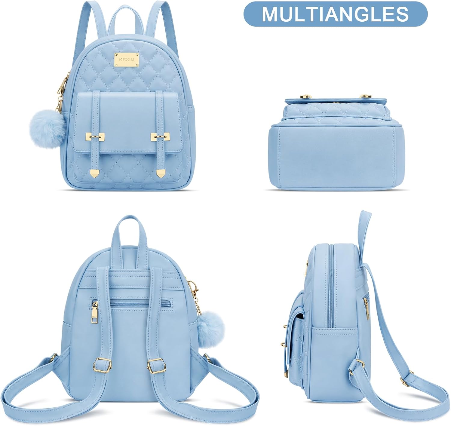 KKXIU Girls Small Backpack Purse Vegan Leather Quilted Mini Daypack for Women Trendy Bookbag (Blue) - Image 4