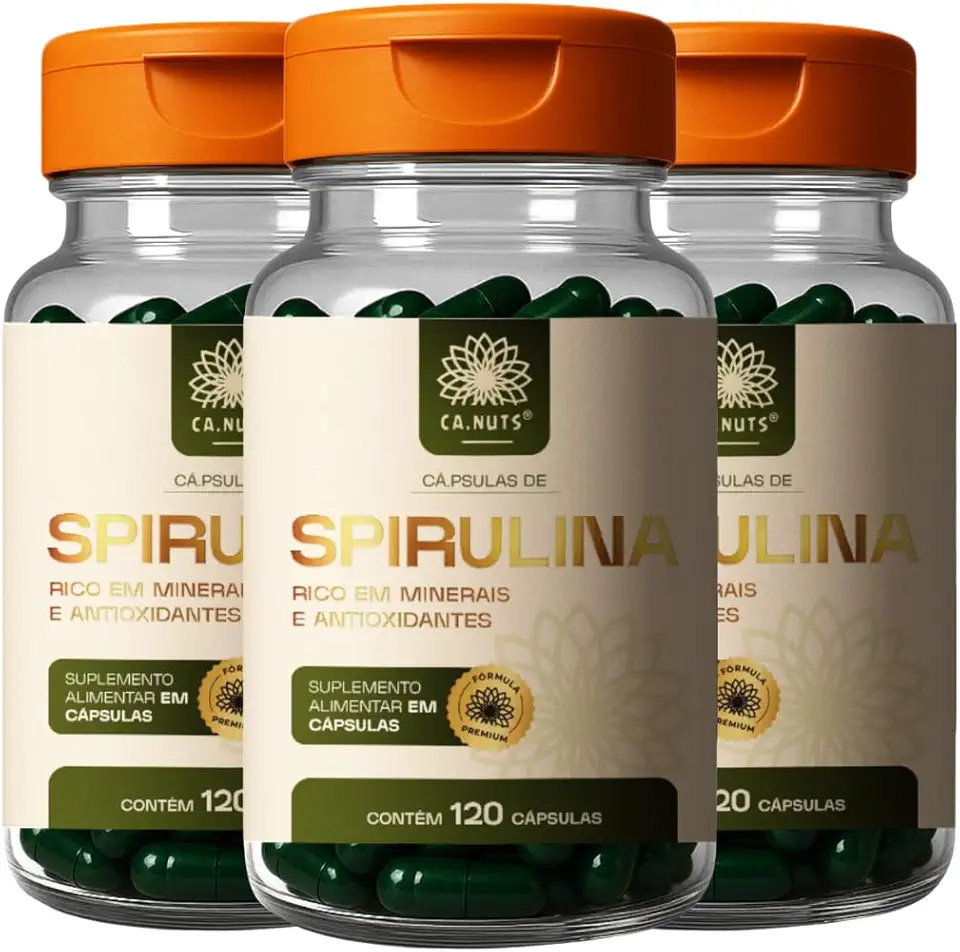 Spirulina em Cápsulas Ca.Nuts | Superalimento Natural – Mais Energia e Imunidade Forte – Rica em Proteínas, Ferro, Vitaminas – Vegana e Sem Glúten (3 Potes - Para 90 dias (360 Cápsulas))