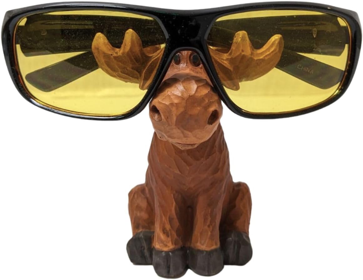 Wood-Cut Look Hand-Carved Moose Eyeglasses Holder Stand Rustic Decor | Whimsical spectacles eyewear glasses keeper display tray, cabin lodge country theme room desk table decoration, animal statue