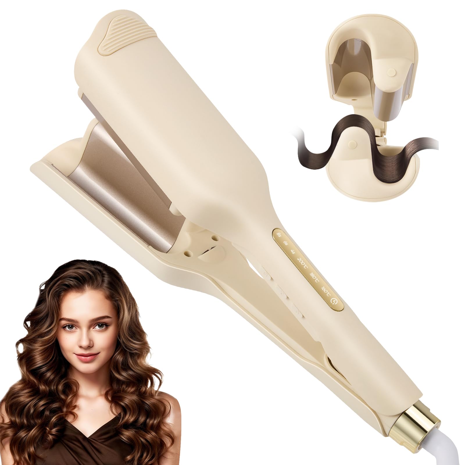 Plancha onduladora para el cabello con grandes ondas de 32 mm, 3 temperaturas ajustables, calentamiento rápido, pantalla LCD, protección contra el calor, temporizador integrado y apagado automático