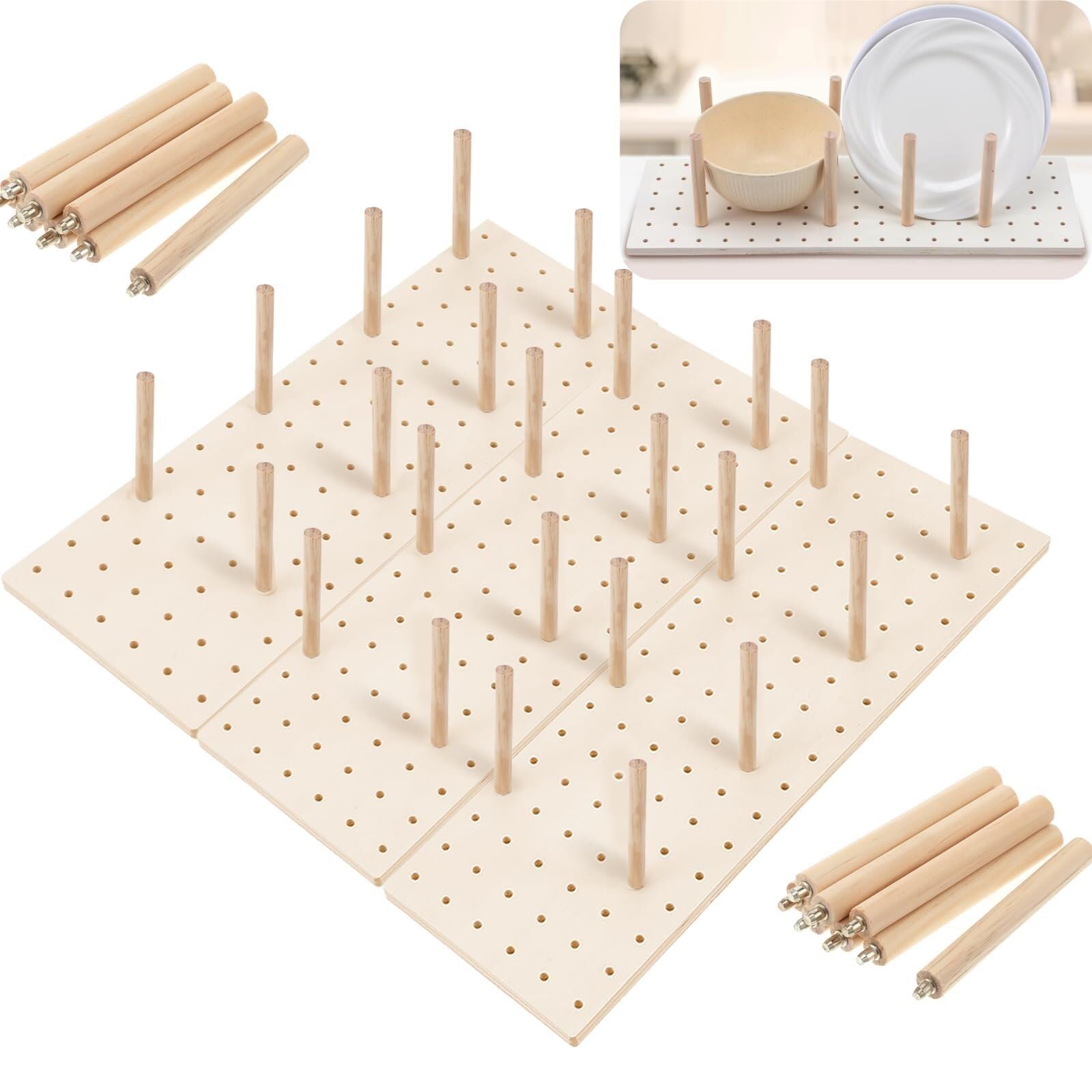 Lot de 3 organiseurs de tiroir en bois perforé avec 24 piquets - Système réglable pour vaisselle, assiette, casserole, conteneur, ustensiles de cuisine, ustensiles de cuisine (45 x 15 cm)