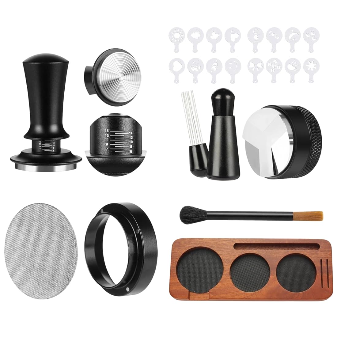 HiNADA Kit d’Accessoires pour Espresso, Tasseur à Café 51 mm avec Support de Tassage, Niveleur, Outil WDT, Anneau Doseur, Brosse de Nettoyage, Filtre à Café (51 mm)