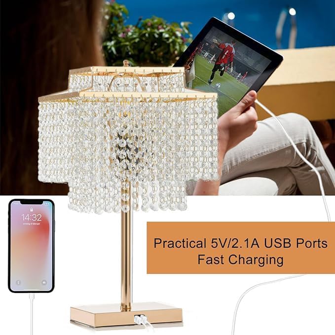 Miniatura 6 de Popity home Lámpara de mesa de cristal dorado con hermosa mesita de cama de doble cubierta lámparas de escritorio doradas con elegante pantalla de