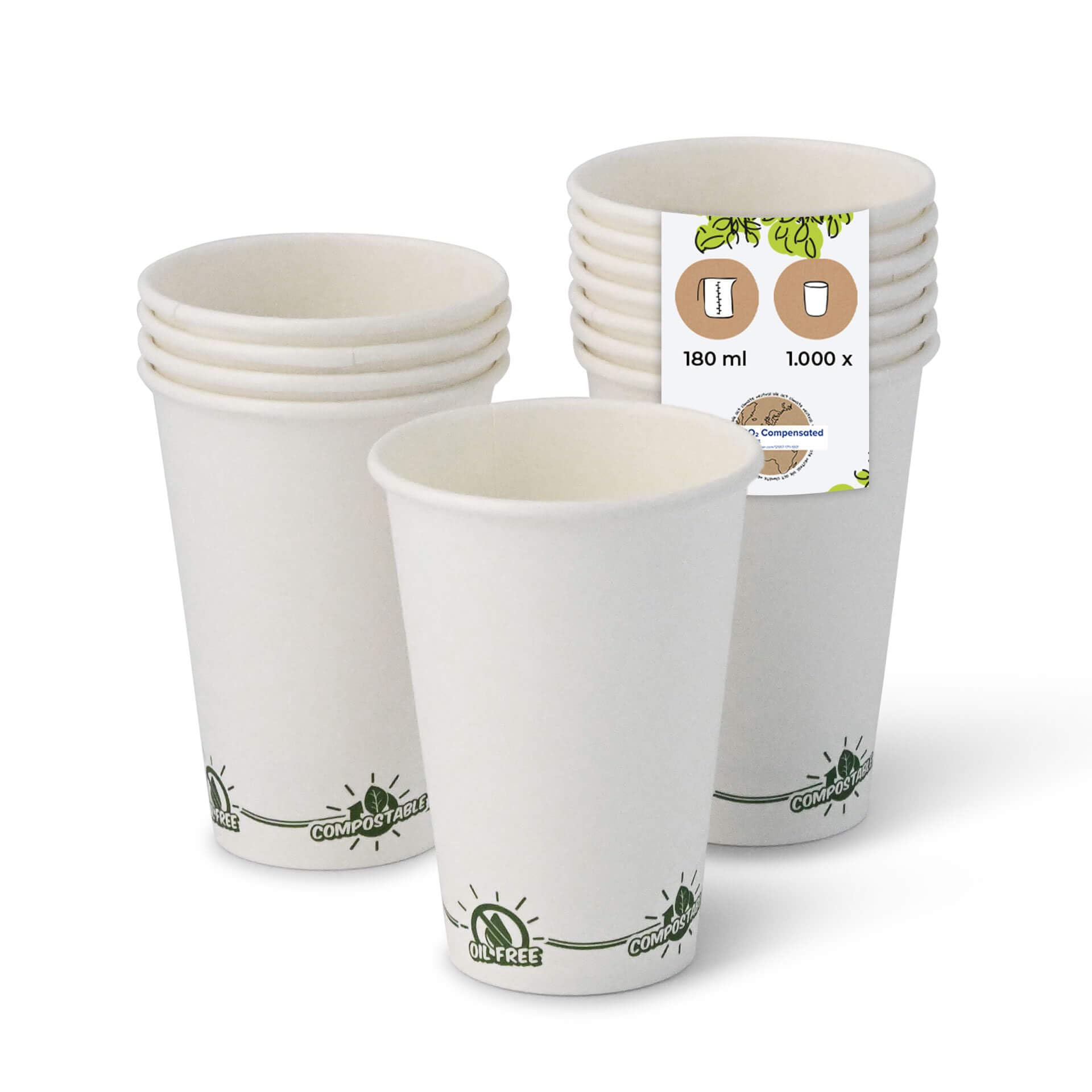 BIOZOYG 1000x vasos desechables 180 ml / 7.5 oz blanco con motivo medioambiental - vasos cafe sin plástico y con materiales sostenibles - vasos cafe desechables