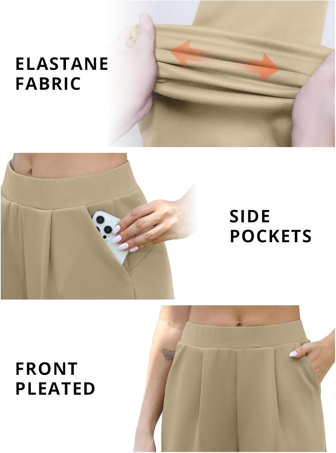 Feiersi Women Stretchy Wide Leg Pants Soft Elastic High Waisted Casual Palazzo Pants Trousers with Pockets(Light Khaki,Large) - Image 4