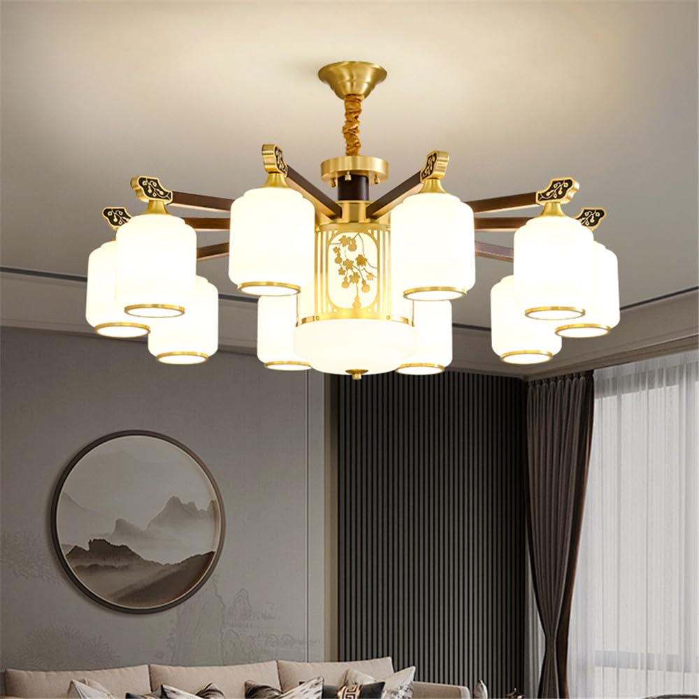 LYMSXAZOU Contemporary Luxury Brass Chandelier LED Chinese Style Living Room Bedroom Dining Villa Hotel Tearoom Cafe Pendent Lights (F 10 Lights)